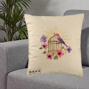 Perna Decorativa Pasare Roz pe Colivie Aurie cu Flori, 40x40 cm, Bej, Husa Detasabila, Perna Inclusa, BEKZ®