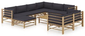 Set mobilier de gradina, 10 piese, perne gri inchis, bambus Morke gra, 5x colt + 3x mijloc + suport pentru picioare + masa, 1