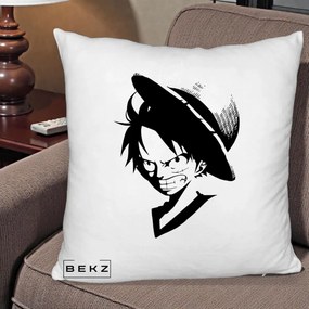 Perna Personalizata One Piece Luffy Silueta Alb-Negru, 40x40 cm, Alb Pufos, Husa Detasabila, Perna Inclusa, BEKZ®