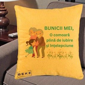 Cadou pentru Bunici - Perna Personalizata Bunicii Mei Comoara Iubire Intelepciune Nepoata, 40x40 cm, Galben, Husa Detasabila, Perna Inclusa, BEKZ®