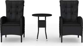 vidaXL Set bistro de grădină, 3 piese, negru, poliratan