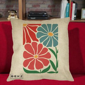 Perna Decorativa Flori Grafice Rosu-Albastru, 40x40 cm, Crem, Husa Detasabila, Perna Inclusa, BEKZ®