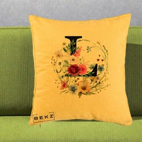 Cadou Personalizat - Perna Personalizata Monogram Litera L cu Flori Acuarela, 40x40 cm, Galben, Husa Detasabila, Perna Inclusa, BEKZ®