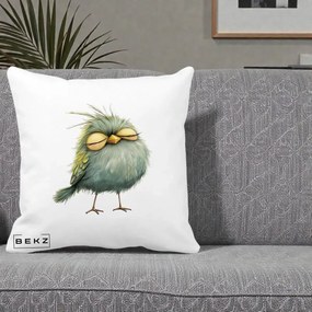 Perna Decorativa Pasare Teal Adormita cu Ochi Galbeni, 40x40 cm, Alba Mata, Husa Detasabila, Perna Inclusa, BEKZ®