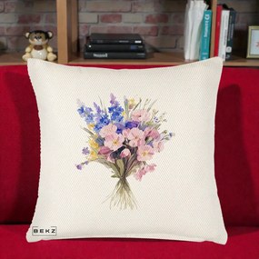 Perna Decorativa Buchet Floral Acuarela Primavara, 40x40 cm, Crem Reliefat, Husa Detasabila, Perna Inclusa, BEKZ®