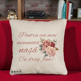 Cadou pentru Nasa - Perna Personalizata Pentru Cea mai Minunata Nasa Cu drag Finii, 40x40 cm, Bej Canapea, Husa Detasabila, Perna Inclusa, BEKZ®