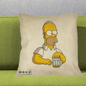 Perna Personalizata Homer Simpson cu Bere, 40x40 cm, Crem, Husa Detasabila, Perna Inclusa, BEKZ®