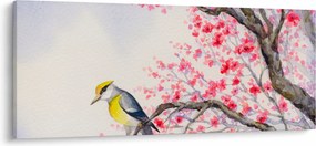 Tablou - Pasăre pe un copac cu flori roșii (120x50 cm)