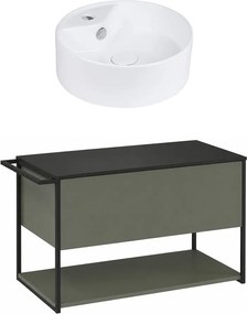 Set dulap baza suspendat Krofam Lov verde-negru 80 cm blat negru si lavoar 38 cm