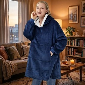 VERK Pătură TV cu mâneci și glugă - albastră