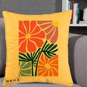 Perna Decorativa Flori Grafice Roz-Orange-Albastru, 40x40 cm, Galben, Husa Detasabila, Perna Inclusa, BEKZ®