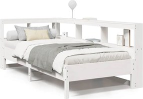 vidaXL Pat cu bibliotecă fără saltea, alb, 100x200 cm, lemn masiv pin