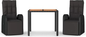 vidaXL Set masă pentru grădină, 3 piese, negru, poliratan/lemn acacia