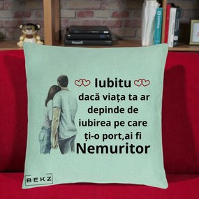 Cadou pentru Iubita - Perna Personalizata Iubitu Nemuritor cu Cuplu Acuarela si Inimi Rosii, 40x40 cm, Verde Menta, Husa Detasabila, Perna Inclusa, BEKZ®