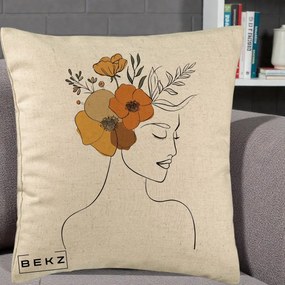 Perna Decorativa Portret Feminin Flori Galbene-Portocalii, 40x40 cm, Bej, Husa Detasabila, Perna Inclusa, BEKZ®