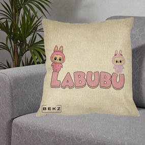 Perna Personalizata Labubu Duo Roz-Lila cu Text, 40x40 cm, Crem, Husa Detasabila, Perna Inclusa, BEKZ®