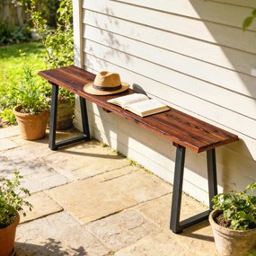 Outsunny Banc de grădină din lemn fără spătar, picioare trapezoidale din oțel, 2 locuri cu aspect de lemn, 150x28x48 cm, carbonizat | Aosom Romania