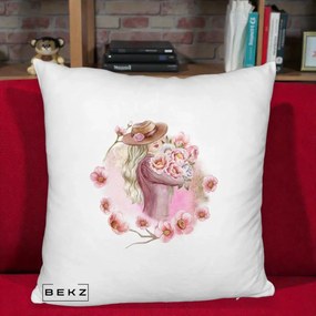 Perna Decorativa Femeie cu Flori Roz Acuarela, 40x40 cm, Alb Pufos, Husa Detasabila, Perna Inclusa, BEKZ®