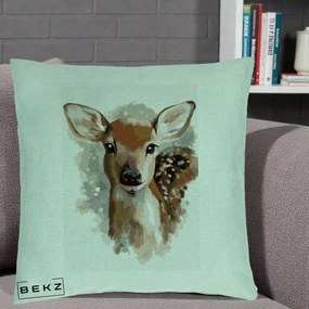 Perna Decorativa Caprioara Pui Acuarela, 40x40 cm, Verde Menta, Husa Detasabila, Perna Inclusa, BEKZ®