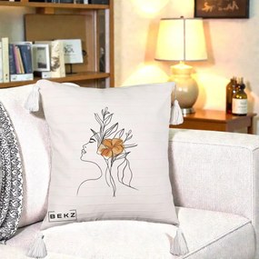 Perna Decorativa Portret Feminin Floare Portocalie Lateral, 40x40 cm, Bej cu Franjuri, Husa Detasabila, Perna Inclusa, BEKZ®
