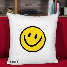 Perna Decorativa Smiley Face Galben Clasic, 40x40 cm, Alb Pufos, Husa Detasabila, Perna Inclusa, BEKZ®