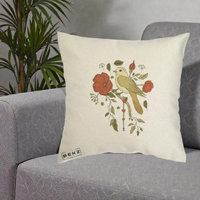Perna Decorativa Pasare pe Ramura cu Maci, 40x40 cm, Ecru, Husa Detasabila, Perna Inclusa, BEKZ®