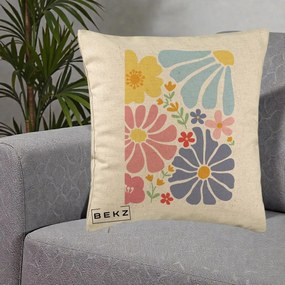 Perna Decorativa Flori Grafice Pastel Multicolor, 40x40 cm, Bej, Husa Detasabila, Perna Inclusa, BEKZ®