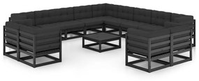 3077023 vidaXL Set mobilier de grădină cu perne14 piese, negru, lemn masiv pin