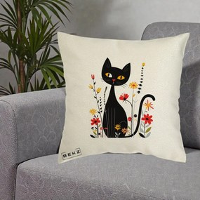 Perna Decorativa Pisica Neagra Ochi Galbeni Flori, 40x40 cm, Ecru, Husa Detasabila, Perna Inclusa, BEKZ®