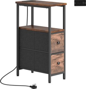 HOMCOM Masă laterală/masă de cafea cu stație de încărcare, cadru din oțel, 2 sertare textile, compartiment deschis, 20cm x 40cm x 63cm, Maro rustic | Aosom Romania