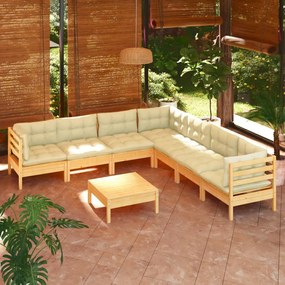 Set mobilier de gradina cu perne crem, 8 piese, lemn masiv pin
