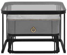 Set de 2 Măsuțe de Cafea Suprapozabile cu Blat din Marmură Lucioasă și Sticlă, Structură din Metal și Sertare, 60x60x42 cm + 50x50x34 cm, Negru