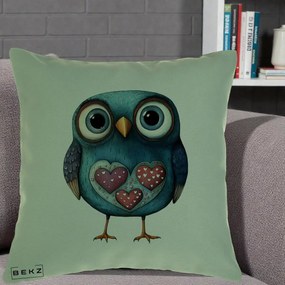 Perna Decorativa Bufnita Teal cu Doua Inimi, 40x40 cm, Verde, Husa Detasabila, Perna Inclusa, BEKZ®