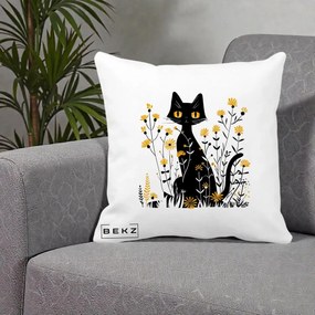 Perna Decorativa Pisica Neagra Ochi Galbeni Flori Galbene, 40x40 cm, Alba Mata, Husa Detasabila, Perna Inclusa, BEKZ®