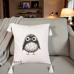 Perna Decorativa Bufnita Neagra cu Buline Albe, 40x40 cm, Bej cu Franjuri, Husa Detasabila, Perna Inclusa, BEKZ®