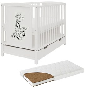 Patut din lemn masiv 120x60 cm Bria alb cu sertar si saltea cocos LUX 120x60x9 cm, reglabil pe 3 nivele, certificat EN71