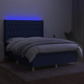 Pat cu arcuri, saltea si LED, albastru, 140x200 cm, textil Albastru, 140 x 200 cm, Design cu nasturi