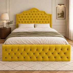 Pat tapițat Chesterfield din catifea Imperio Deluxe 160×200 cm, galben muștar, cu ladă de depozitare