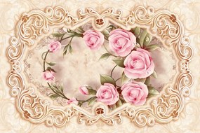 Tapet Premium Canvas - Flori roz cu fundal auriu