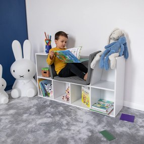 Bibliotecă pentru copii cu scaune, alb/gri, FERIA