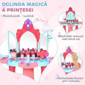 AIYAPLAY Masă de Machiaj pentru Fetițe cu Scăunel, Oglindă, Lumini și Accesorii, 57x34x76 cm, Multicolor | Aosom Romania