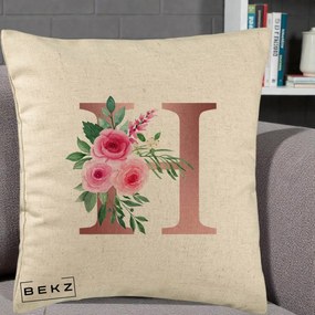 Cadou Personalizat - Perna Personalizata Monograma Rose Gold Litera H, 40x40 cm, Bej, Husa Detasabila, Perna Inclusa, BEKZ®