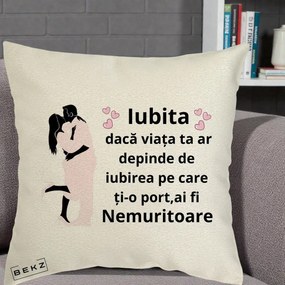 Cadou pentru Iubita - Perna Personalizata Iubita Nemuritoare cu Siluete de Cuplu, 40x40 cm, Ecru, Husa Detasabila, Perna Inclusa, BEKZ®