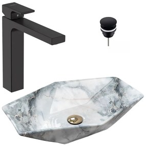 Pachet lavoar pe blat Rea Vegas granit 57 cm, baterie lavoar Hansgrohe Vernis Shape 190 negru si ventil lavoar Click-Clack D negru