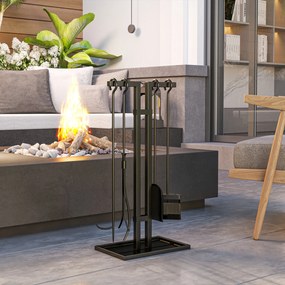 Outsunny Set servitor pentru șemineu 5 piese, unelte pentru șemineu, din metal, mătură, lopată, clește, tisonier și suport, negru | Aosom Romania