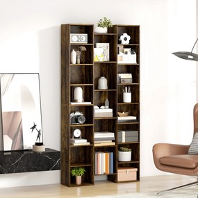 HOMCOM Bibliotecă modernă din lemn înaltă 181 cm cu 21 de compartimente și 10 rafturi reglabile, Maro Rustic | Aosom Romania
