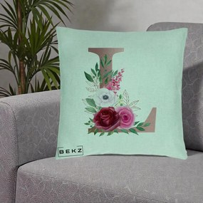 Cadou Personalizat - Perna Personalizata Monograma Rose Gold Litera L, 40x40 cm, Verde Menta, Husa Detasabila, Perna Inclusa, BEKZ®