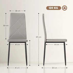 HOMCOM Set de 6 Scaune de Sufragerie, cu Spătar Înalt cu Cusături Tip Romb din Piele Ecologică și Oțel, 41x50x97 cm, Gri | Aosom Romania