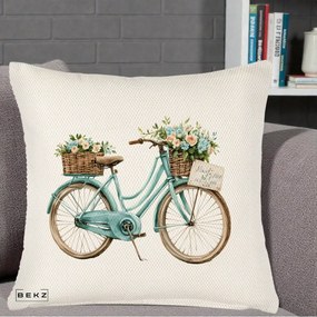 Perna Decorativa Bicicleta Teal cu Cosuri Duble de Flori Vintage, 40x40 cm, Crem Reliefat, Husa Detasabila, Perna Inclusa, BEKZ®