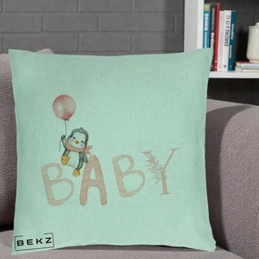 Perna Personalizata Baby Pinguin Roz, 40x40 cm, Verde Menta, Husa Detasabila, Perna Inclusa, BEKZ®